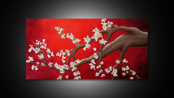 570x321 Cherry Blossom Painting Large Abstract Wall Art Red Wall - Red Cherry Blossom Painting