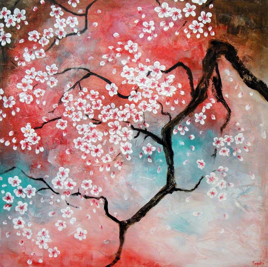 900x898 Cherry Blossoms Painting By Tomoko Koyama - Red Cherry Blossom Painting