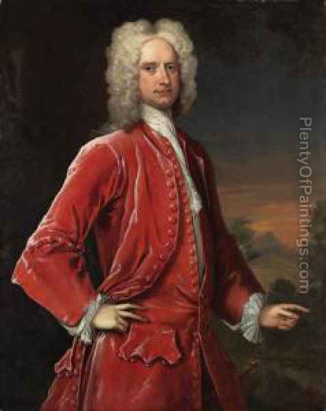 476x600 Portrait Of A Gentleman, Three Quarter Length, In Red Coat - Red Coat Painting