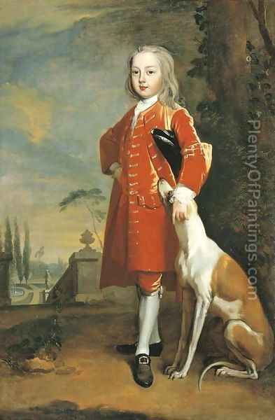 393x600 Portrait Of A Boy, Full Length, In A Red Coat, A Dog By His Side - Red Coat Painting