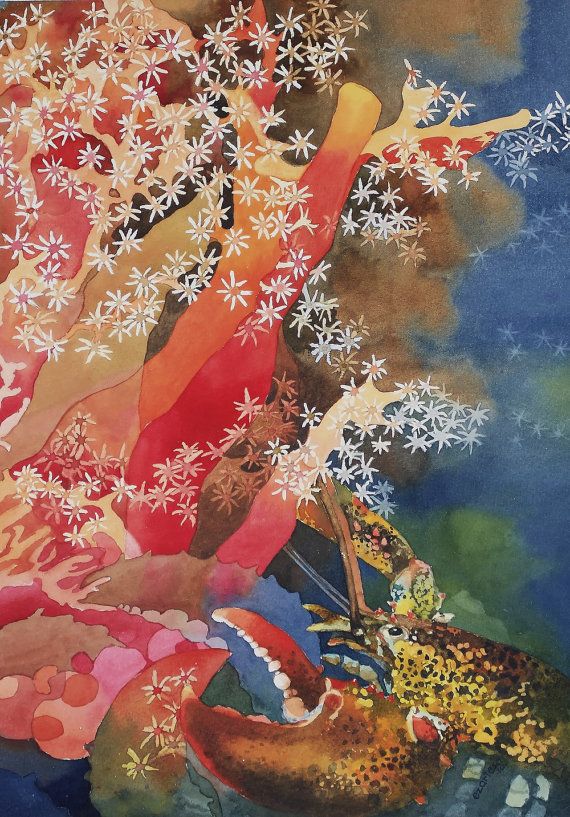 570x817 Original Underwater Watercolor Painting, Red Coral And Red Lobster - Red Coral Painting