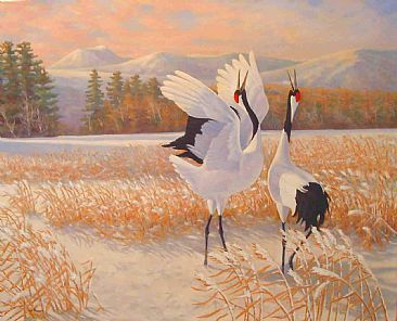 366x296 Japanese Red Crowned Cranes Grus Japonensis - Red Crowned Crane Painting