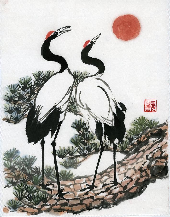 709x900 Red Crowned Crane Painting By Ping Yan - Red Crowned Crane Painting