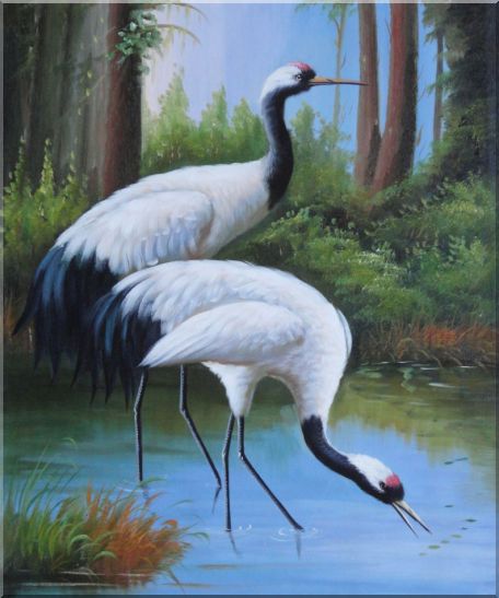 456x547 Two Graceful Red Crowned Cranes Play In Water Oil Painting Animal - Red Crowned Crane Painting