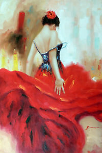 200x300 Flamenco Dancer Spanish Gypsy Bright Red Dress Flower In Hair - Red Dancer Painting