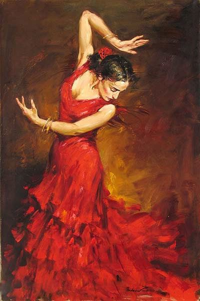 400x600 Hand Painted Classical Gypsy Flamenco Dancer Red Dress Art Oil - Red Dress Painting