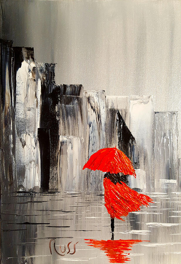 617x900 Lady In Red Dress And A Red Umbrella Walking Alone Through A Storm - Red Dress Painting