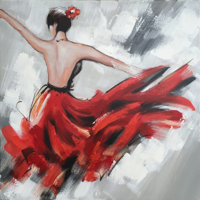 640x640 Abstract Hand Painted Dancing Girl In Red Dress I Oil Painting - Red Dress Painting