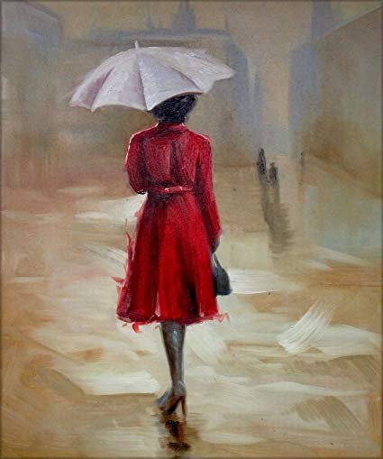 425x509 100% Hand Painted Woman In Red Dress With Umbrella - Red Dress Painting