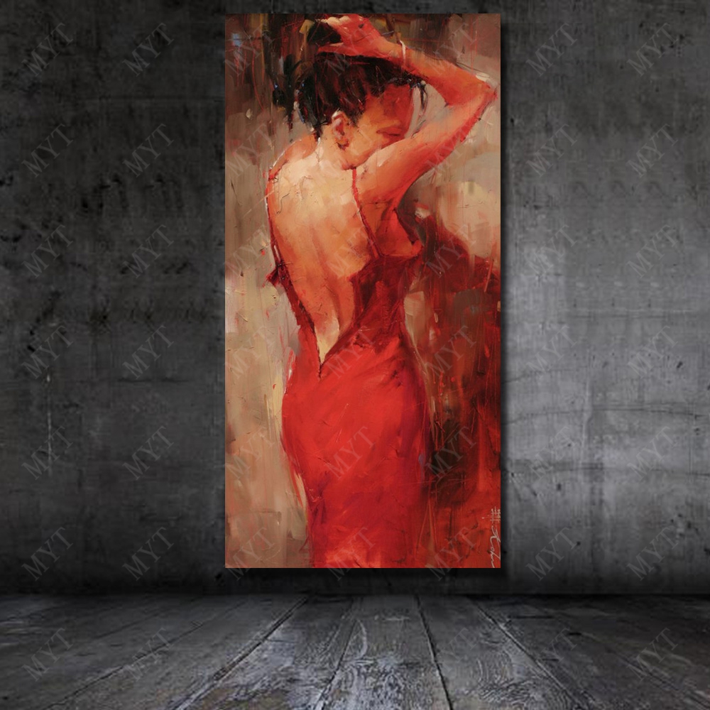 1000x1000 Beautiful Red Dress Girl Back Paintings For Living Room Wall - Red Dress Painting