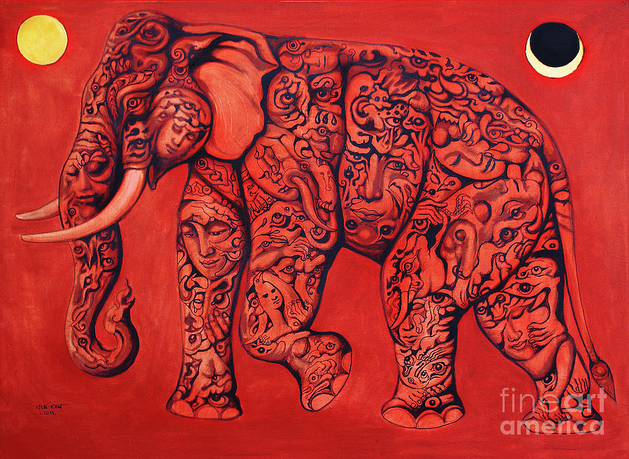 900x657 Red Elephant Painting By Kritsana Tasingh - Red Elephant Painting
