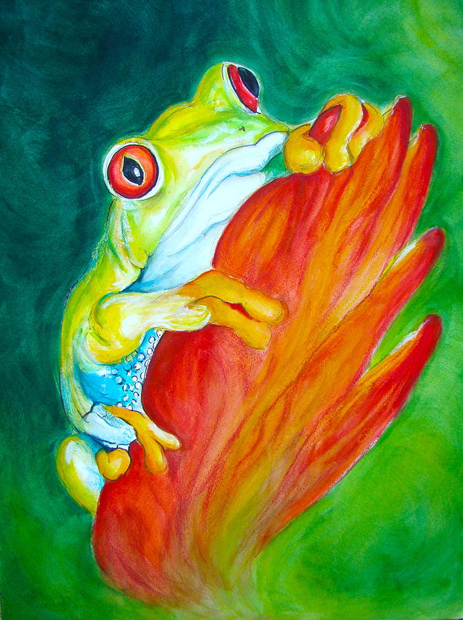 672x900 Red Eyed Tree Frog On Flower Painting By Myra Evans - Red Eyed Tree Frog Painting