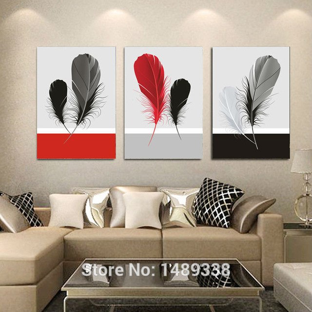 640x640 3 Pcs Black Red Feather Oil Painting On Canvas Art Prints Picture - Red Feather Painting