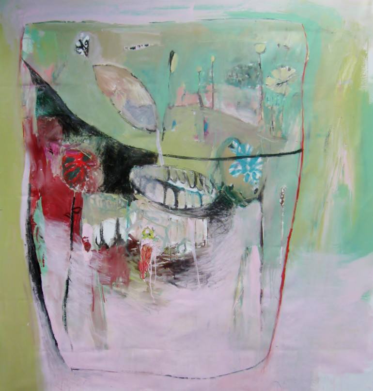 770x806 Saatchi Art Terrarium With Red Flower And Red Feather Painting By - Red Feather Painting