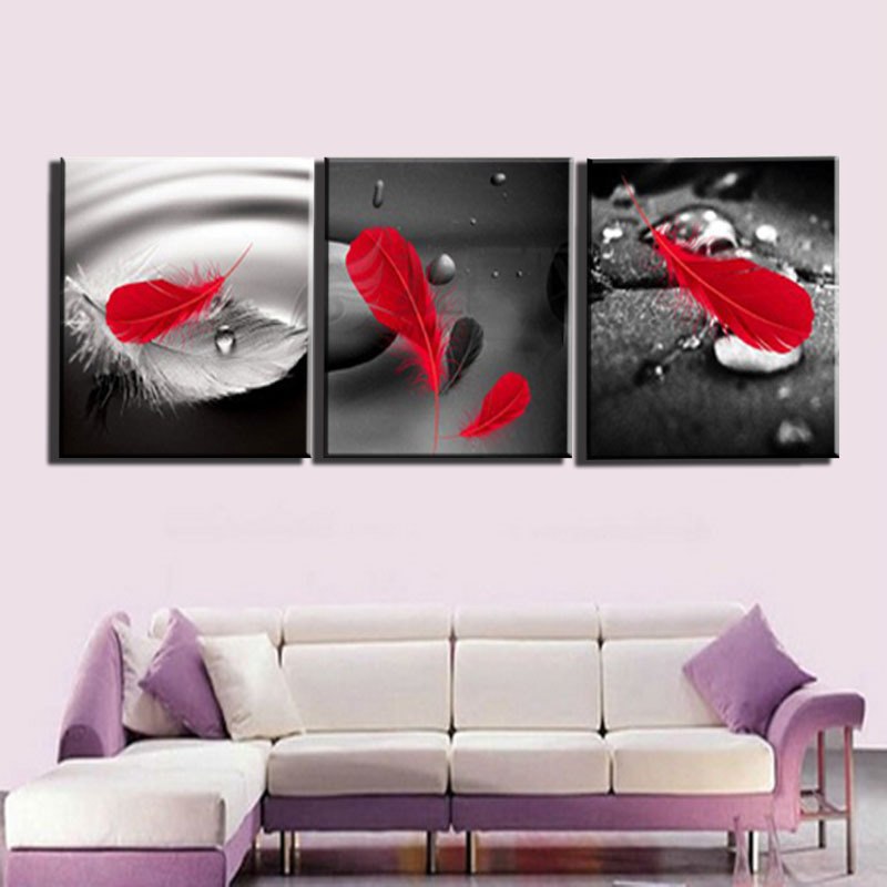 800x800 Unframed 3 Pieces Red Feather Modern Print Art Picture Painting - Red Feather Painting
