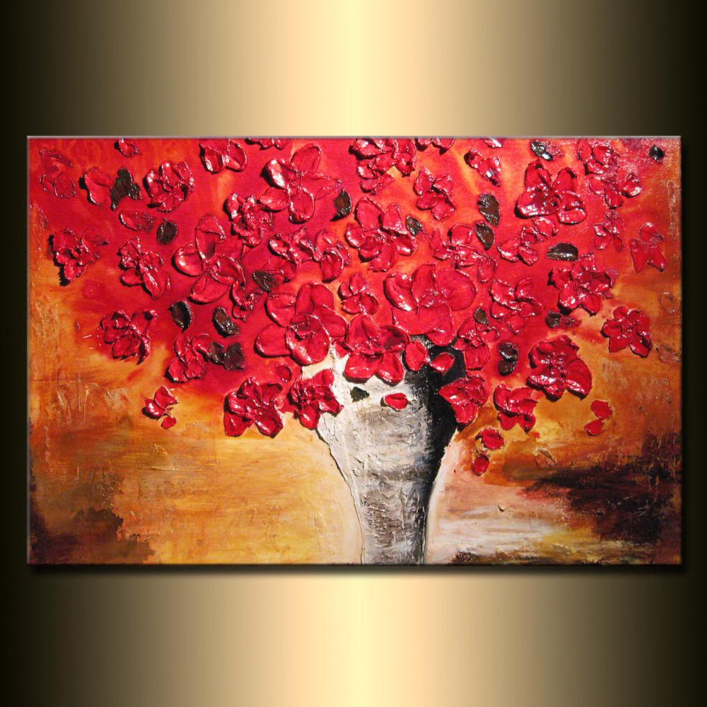 1000x1000 Heavy Texture Red Floral Abstract Painting Flowers Bouquet In Vase - Red Floral Painting