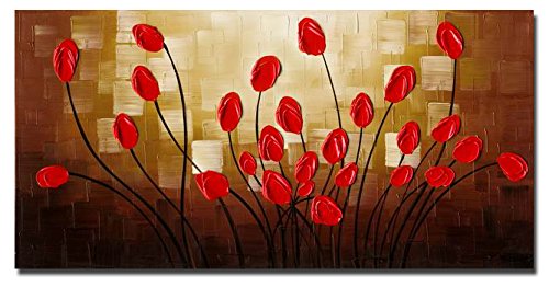 500x262 Wieco Art Extra Large Budding Flowers Modern Wrapped - Red Floral Painting