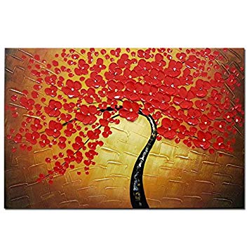 355x355 Wieco Art Red Flowers Oil Paintings Reproduction - Red Floral Painting