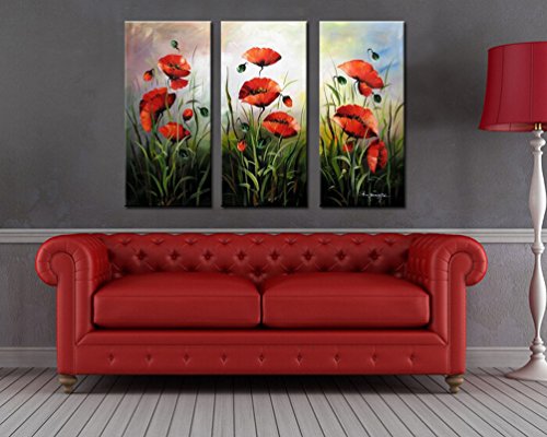 500x400 Noah Art Hand Painted Flower Art, Red Poppies 3 Piece Gallery - Red Flower Painting