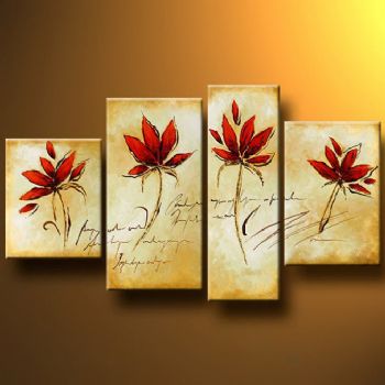 350x350 Four Red Flowers Modern Canvas Art Wall Decor Floral Oil Painting - Red Flower Painting Canvas