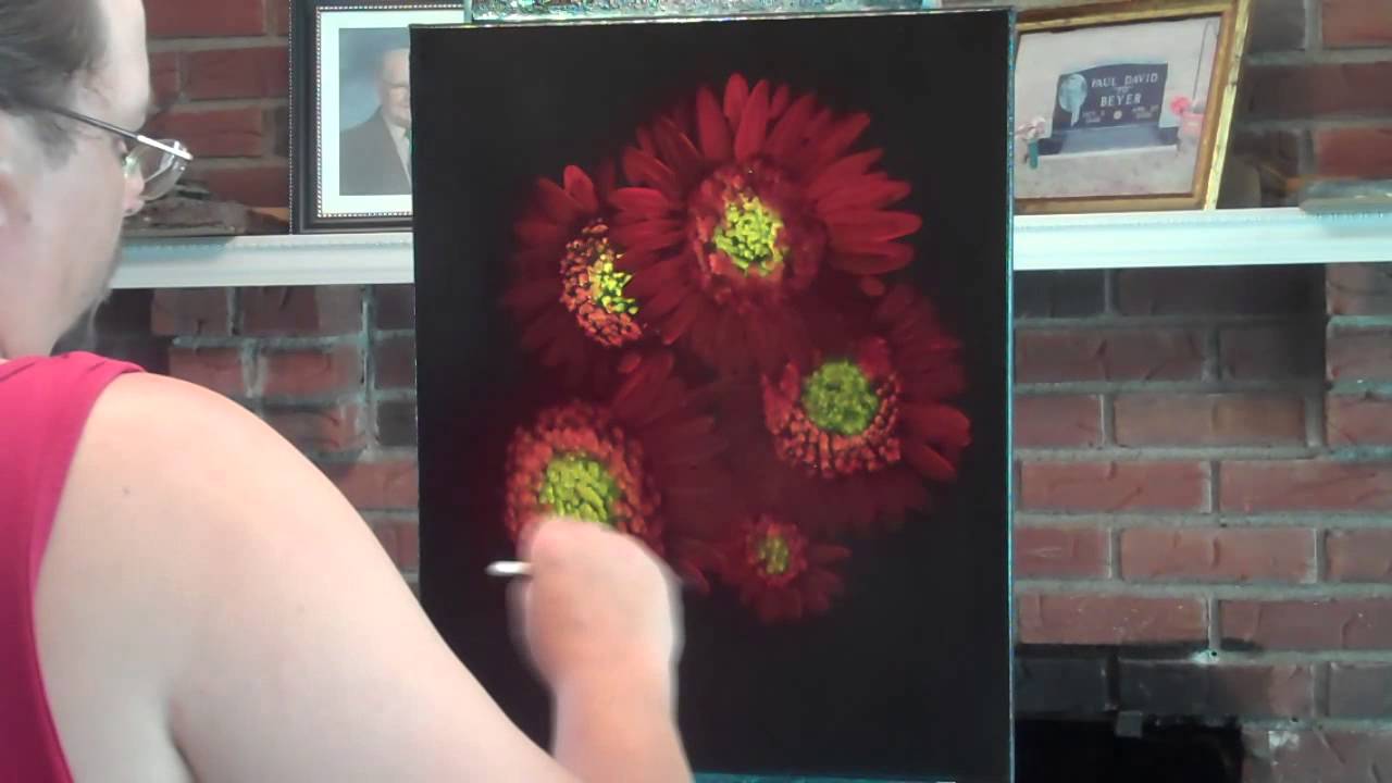 1280x720 Sunny Flowers Floral Speed Painting On Black Canvas - Red Flower Painting Canvas