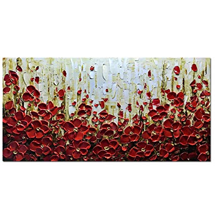 425x425 Metuu Modern Canvas Paintings, Texture Palette Knife - Red Flower Painting Canvas
