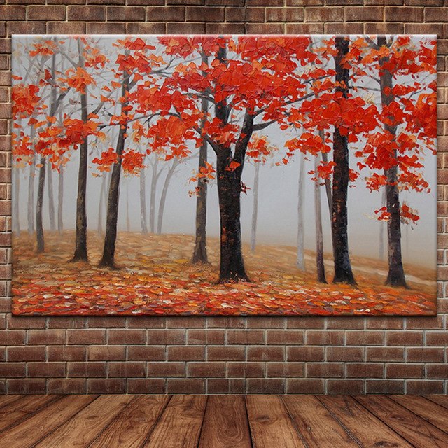 640x640 Thick Knife Painted Red Maple Trees Oil Painting On Canvas Modern - Red Forest Painting