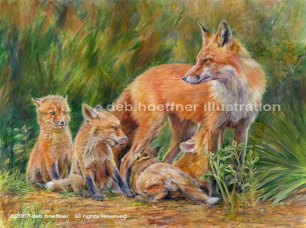 600x448 Red Fox Painting Mother And Young Kits In Soft Watercolor By - Red Fox Painting