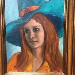 300x300 Vintage Oil Painting Signed 1960's Red Haired Girl W Big Hat - Red Hair Girl Painting