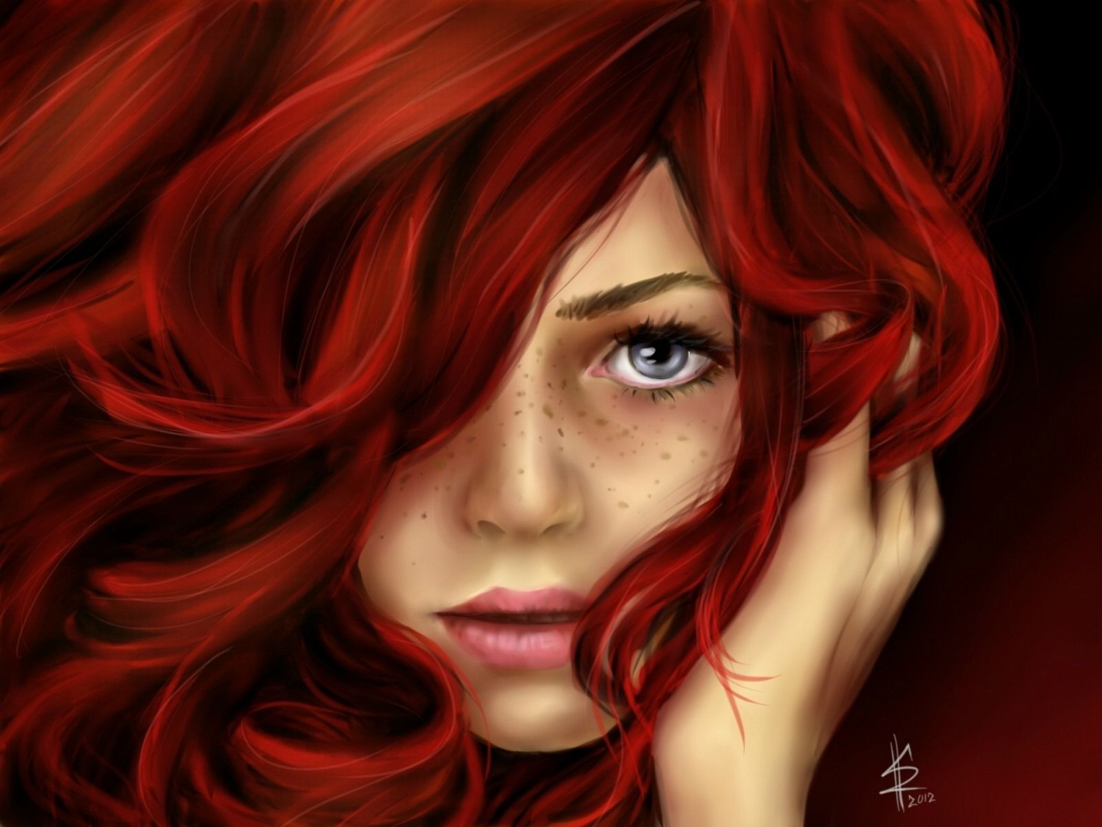 1600x1200 Girl Drawing - Red Hair Girl Painting