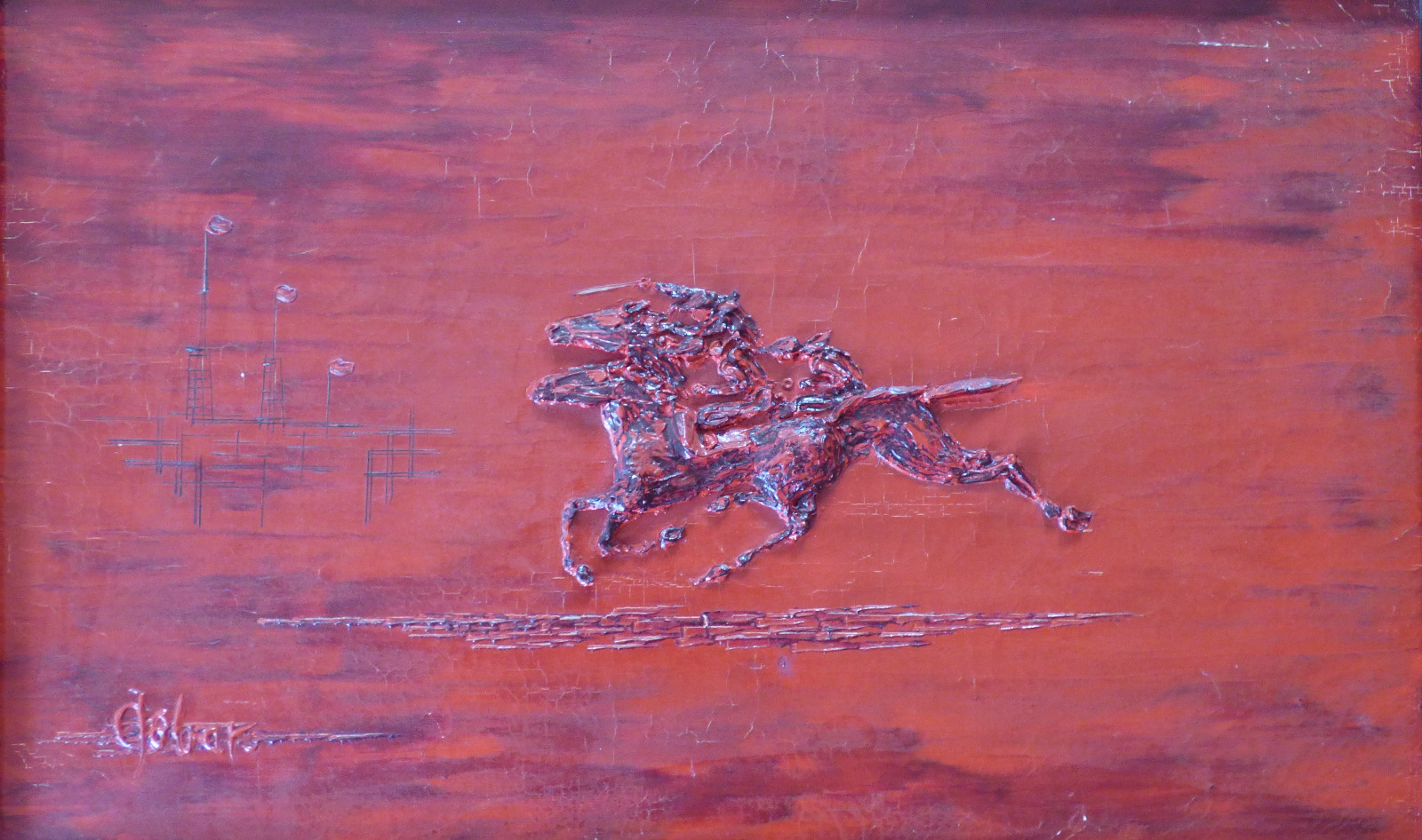 1600x946 French 1960s Signed High Relief Oil On Canvas Painting, - Red Horse Painting