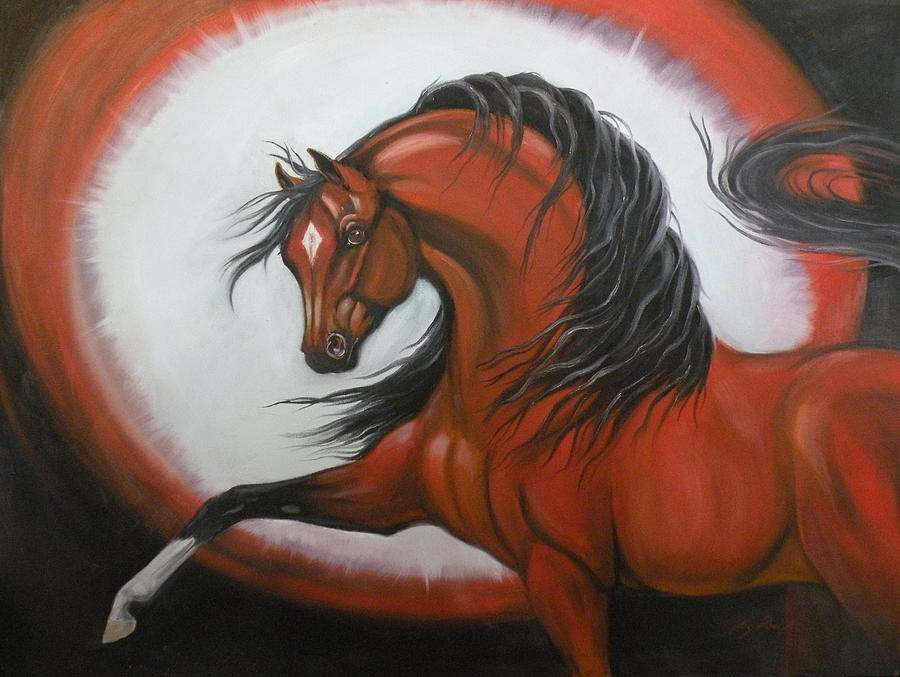 900x677 Red Horse Fantasy Painting By Liz Rose - Red Horse Painting