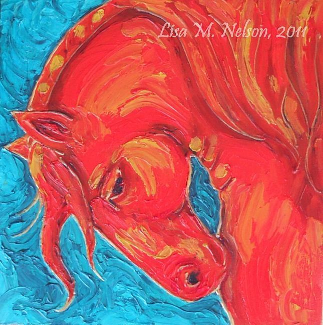 645x650 Horse Fabric Postcard Red Horse Impasto Oil Painting - Red Horse Painting