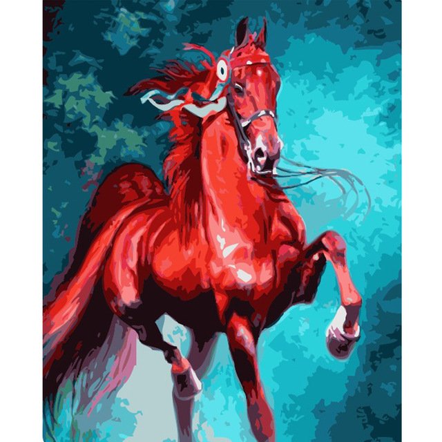 640x640 Diy Painting By Numbers Red Horse Picture Hand Painted Canvas Oil - Red Horse Painting