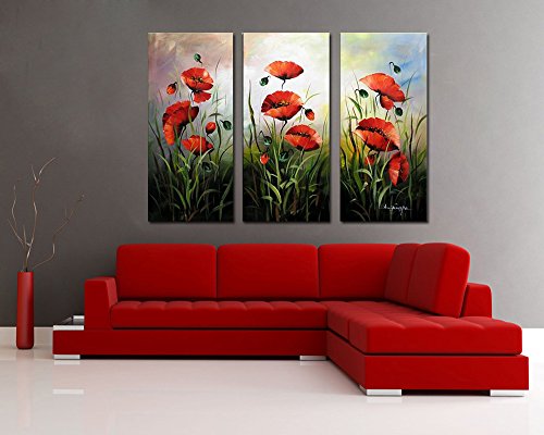 500x400 Noah Art Hand Painted Flower Art, Red Poppies 3 Piece Gallery - Red Modern Painting