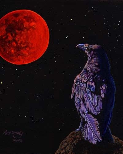 400x500 Open Edition Print Of Crow Raven Lunar Eclipse Red Moon Painting - Red Moon Painting