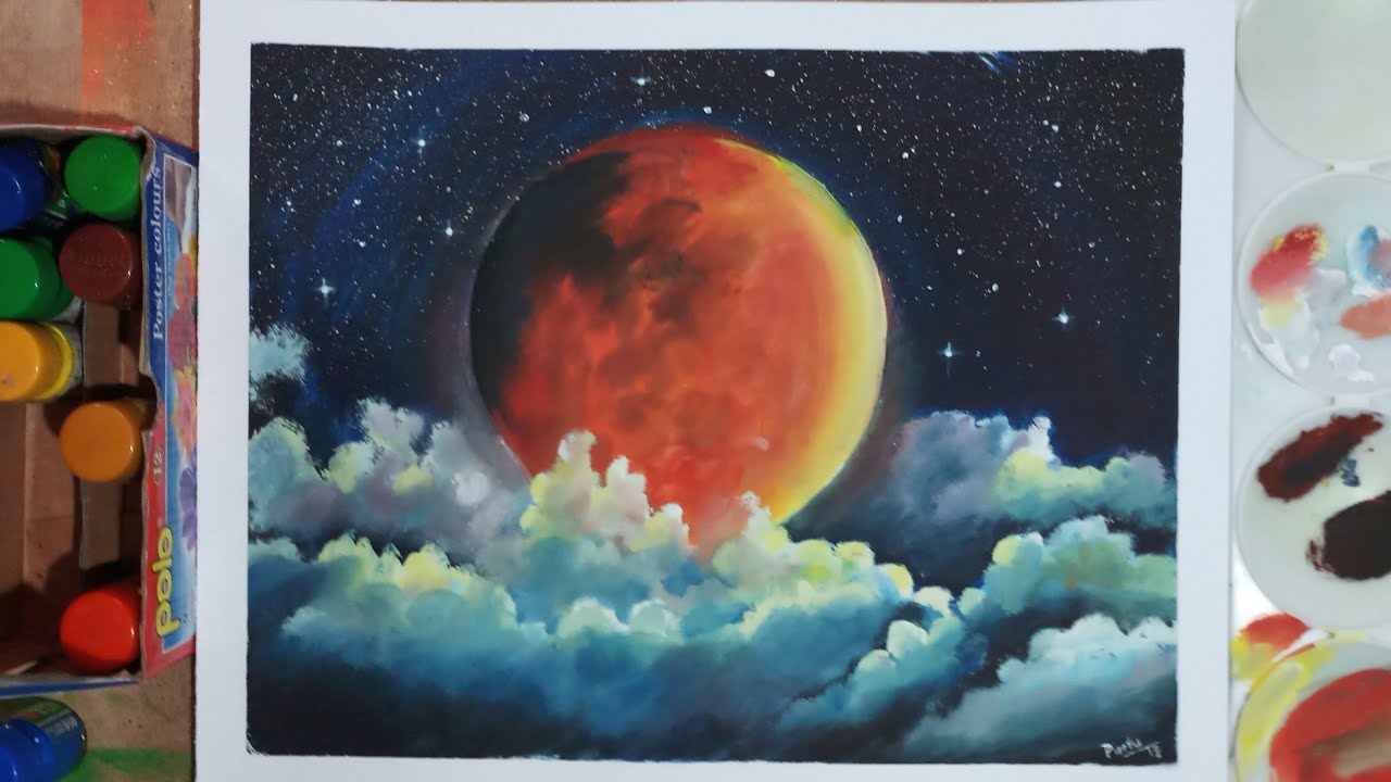 1280x720 Painting Of Super Blood Moon Lunar Eclipse - Red Moon Painting