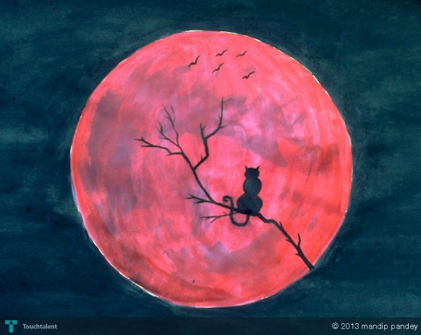 825x657 Red Moon N Cat Alone . Touchtalent - Red Moon Painting