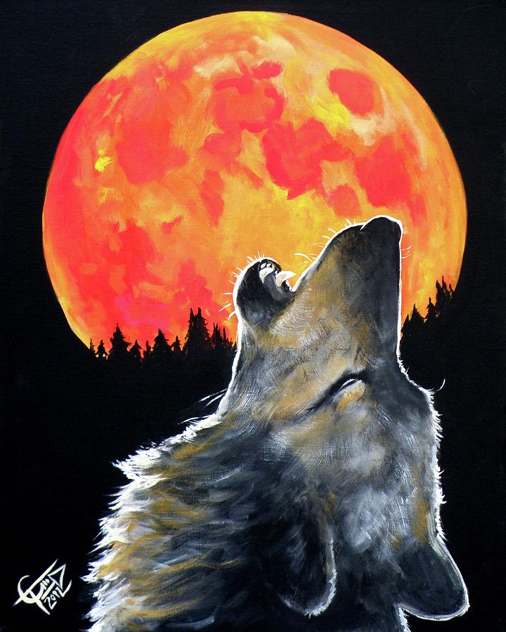 720x900 Blood Moon Wolf Painting By Tom Carlton - Red Moon Painting