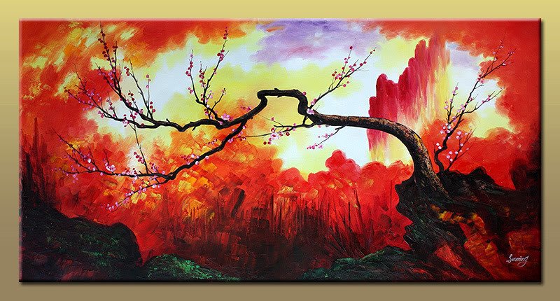 800x430 Hand Painted Wall Art Warm Red Mountain The Plum Blossom - Red Mountain Painting