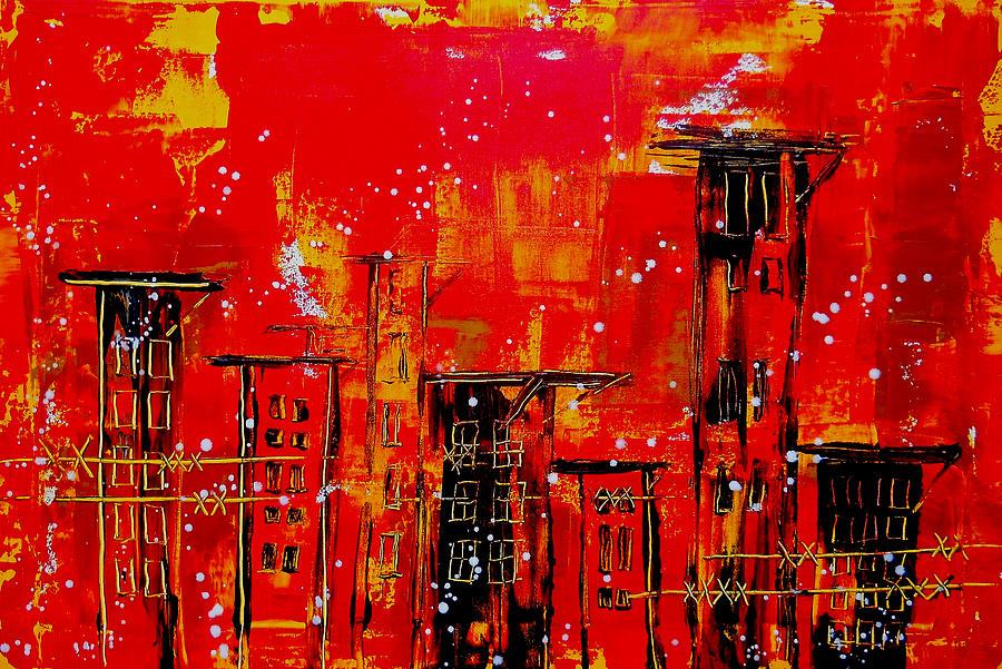 900x601 Red Cityscape Abstract Painting Fine Art Print Painting By Laura - Red Painting