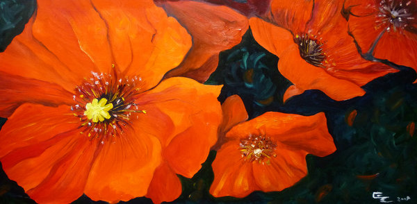 600x294 Red Poppies Flower Painting Ekaterina Chernova By - Red Poppy Flower Painting