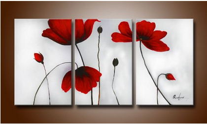 420x253 Free Shipping 3 Pieces Fresh Red Poppy Flowers Oil Painting Canvas - Red Poppy Flower Painting