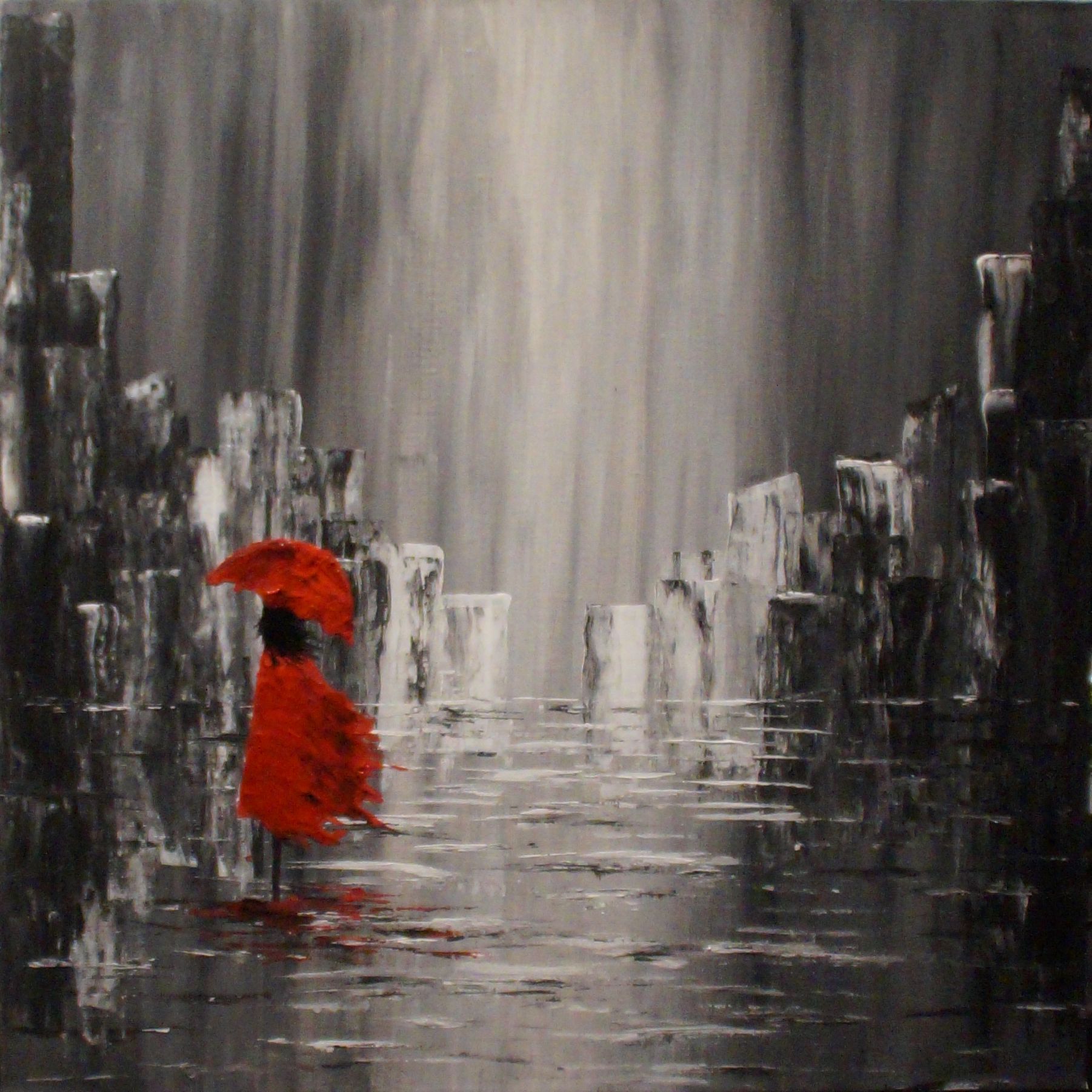 1802x1802 Lady In Red, Rain (Made By Me) Schilderijen - Red Rain Painting