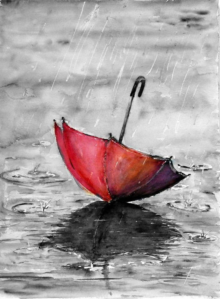734x1000 Roter Regenschirm Mehr Malen Red Umbrella, Happy - Red Rain Painting