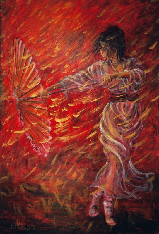 543x800 Geisha In Rain Red Painting - Red Rain Painting