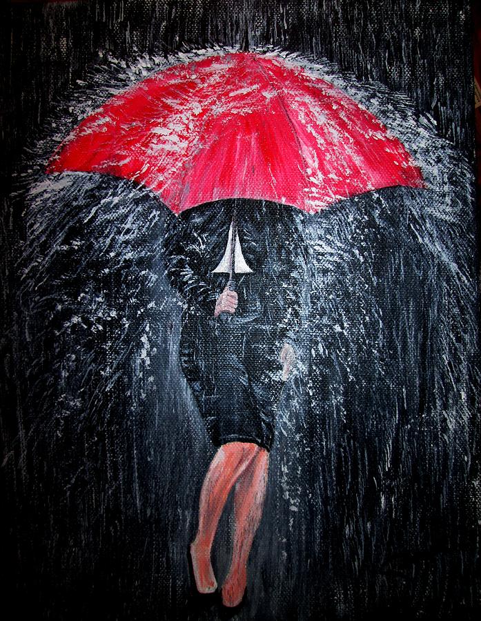 697x900 Lady In The Rain Painting By Pauline Mccarville - Red Rain Painting