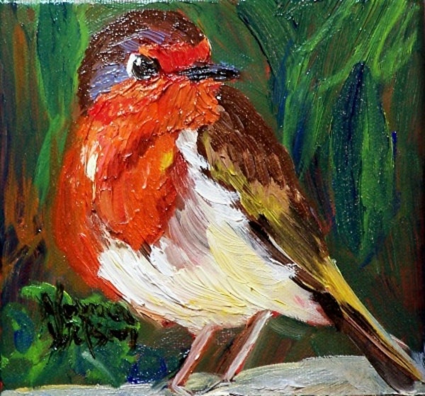 600x559 Robin Red Breast Bird Art By Artist Norma Wilson, - Red Robin Painting