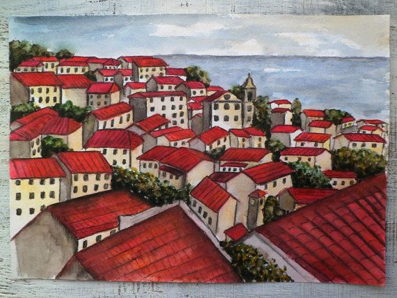 570x428 Red Roofs Of Lisbon, Large Original Watercolor Painting 12x16 - Red Roof Painting