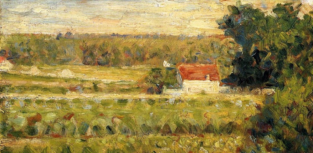 1000x490 House With Red Roof By Seurat - Red Roof Painting